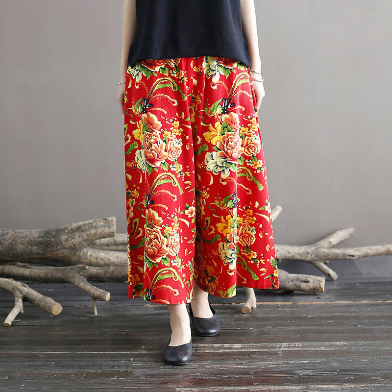 Buddha Stones Red Peony Flowers Cotton Linen Wide Leg Pants With Pockets