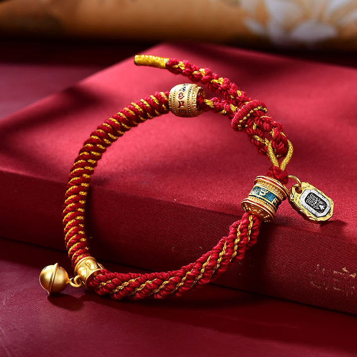 Buddha Stones Tibetan Om Mani Padme Hum Carved Zakiram Goddess of Wealth Charm Amulet Bracelet - Red Gold(Wrist Circumference 14-20cm) - image 5