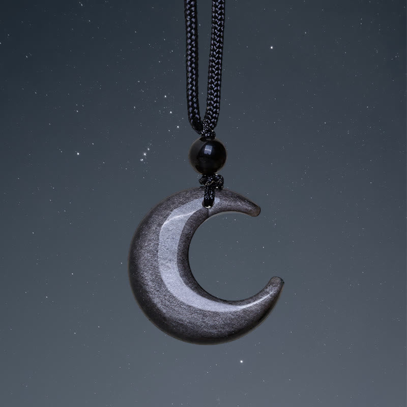 Buddha Stones Natural Silver Sheen Obsidian Selenite Crystal Crescent Moon Yin Yang Couple Protection Necklace Pendant - Silver Sheen Obsidian - image 2