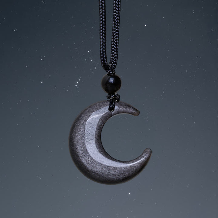 Buddha Stones Natural Silver Sheen Obsidian Selenite Crystal Crescent Moon Yin Yang Couple Protection Necklace Pendant - Silver Sheen Obsidian - image 2