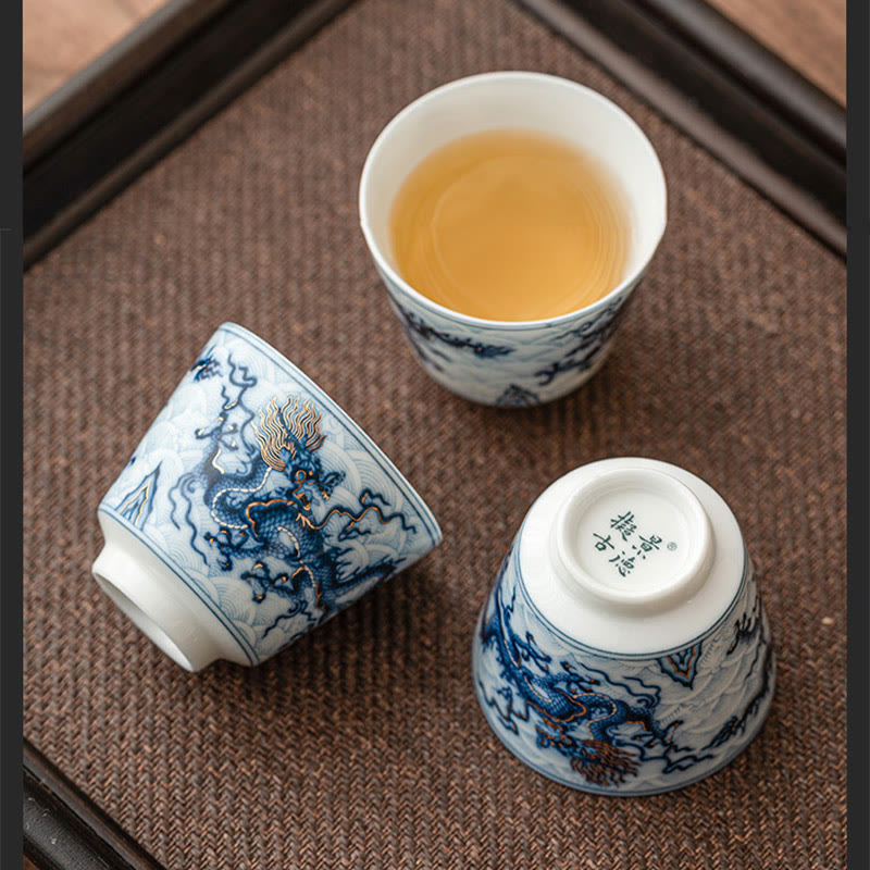 Buddha Stones Small Blue And White Dragon Pattern Ceramic Teacup Kung Fu Tea Cups 45ml