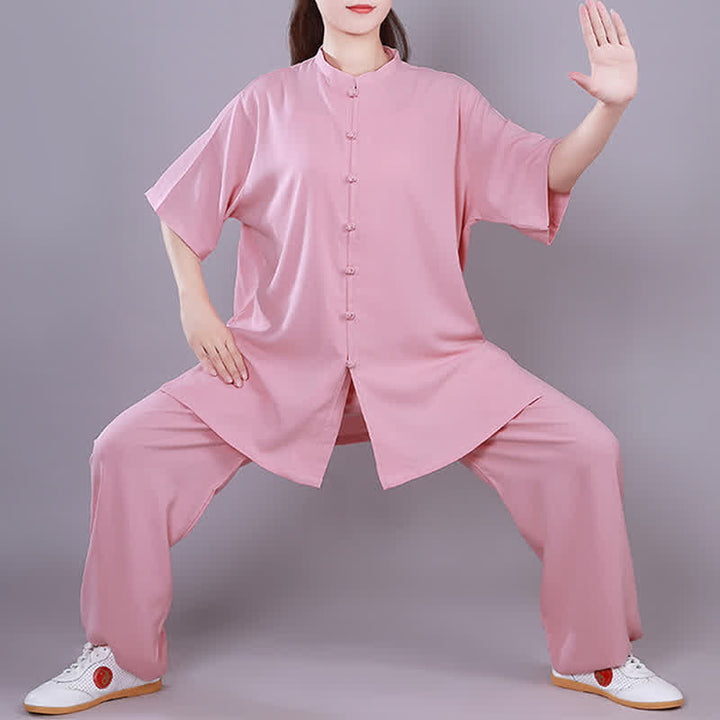 Tai Chi Qigong Meditation Prayer Spiritual Zen Practice Unisex Cotton Linen Clothing Set - Pink - Short Sleeve - US14，UK/AU18，EU46 (3XL)  - image 9