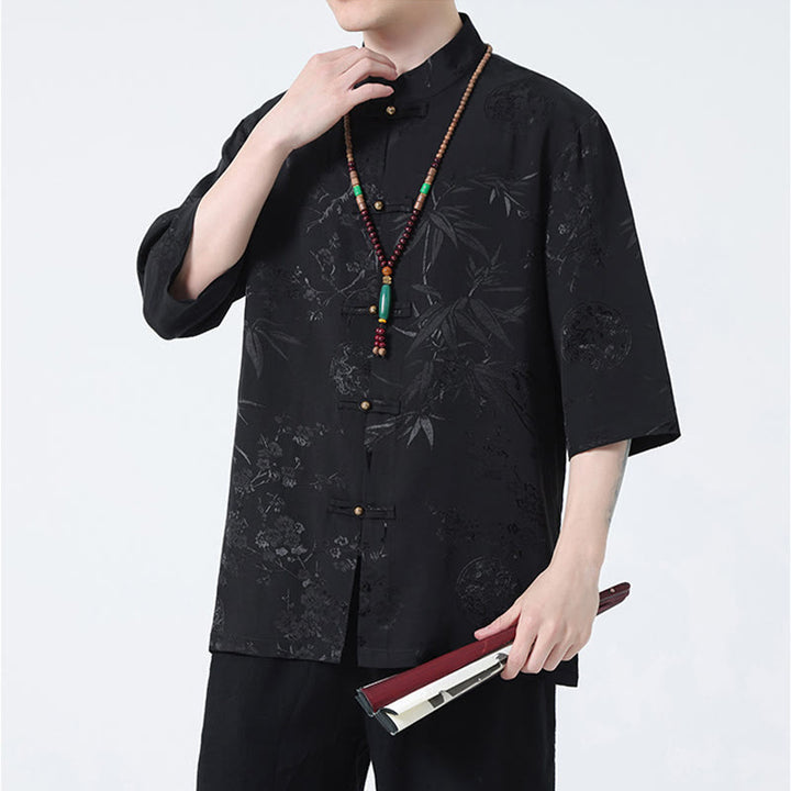 Buddha Stones Peach Blossom Bamboo Leaves Frog-button Chinese Half Sleeve Shirt Men T-shirt