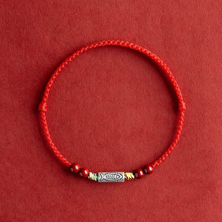 Buddha Stones 925 Sterling Silver Koi Fish Cinnabar Bead Wealth Handcrafted Braided Bracelet Anklet - Anklet(Circumference 17-30cm) - Red Rope - image 0