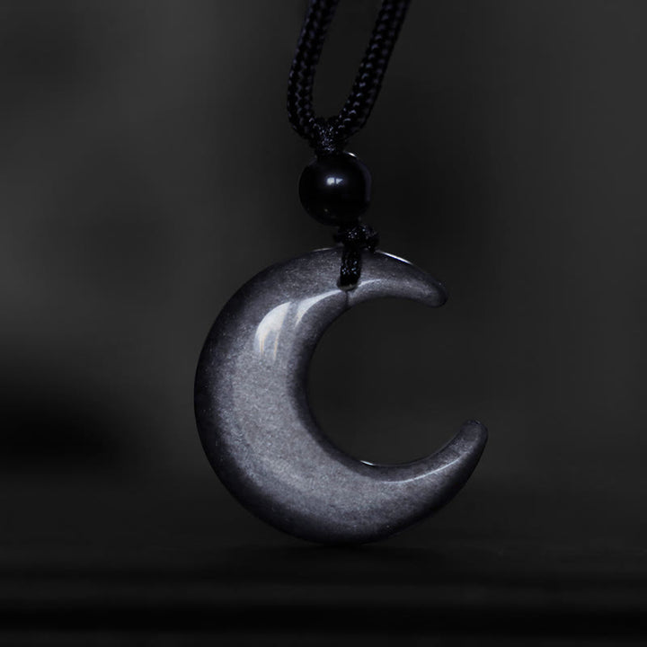 Buddha Stones Natural Silver Sheen Obsidian Selenite Crystal Crescent Moon Yin Yang Couple Protection Necklace Pendant - image 4
