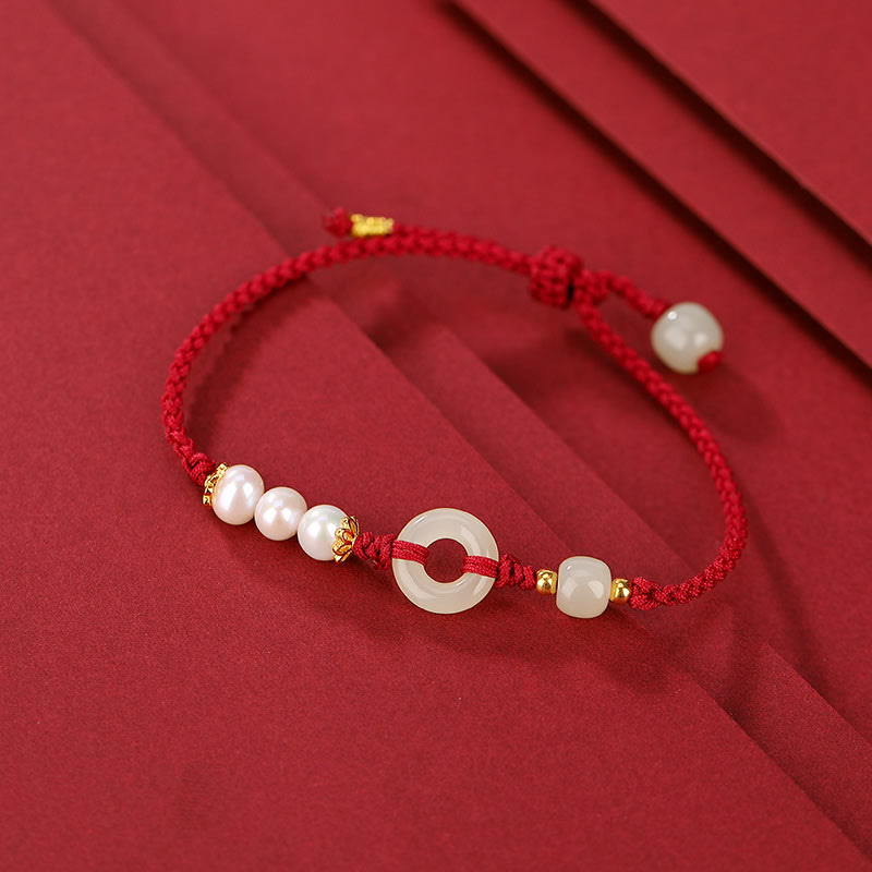 Buddha Stones 925 Sterling Silver Plated Gold Hetian Jade Peace Buckle Pearl Luck Bracelet - Dark Red Rope(Wrist Circumference 14-16cm) - image 6