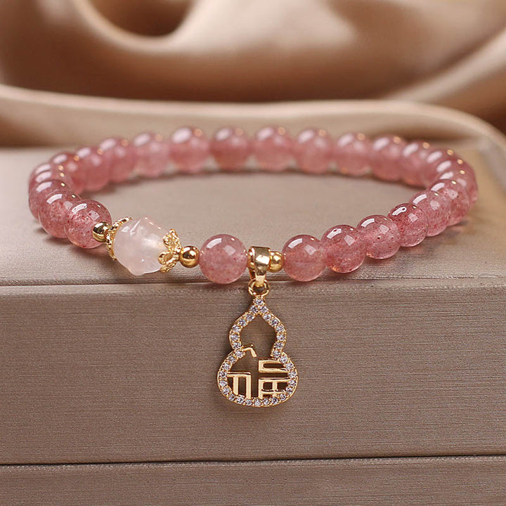 Buddha Stones Strawberry Quartz Gourd Fu Character Charm Positive Bracelet