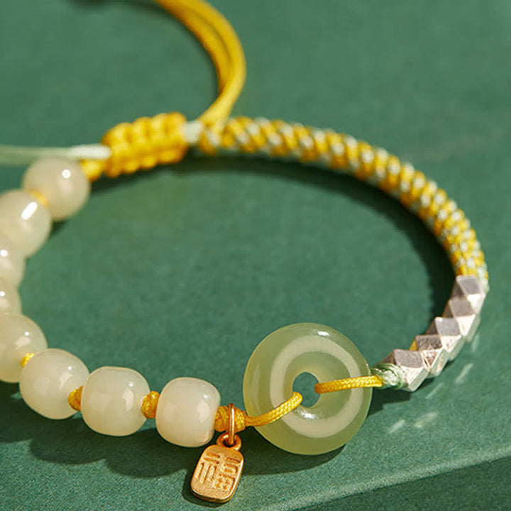 925 Sterling Silver Hetian Jade Peace Buckle Beaded Luck Happiness Charm Bracelet - image 6