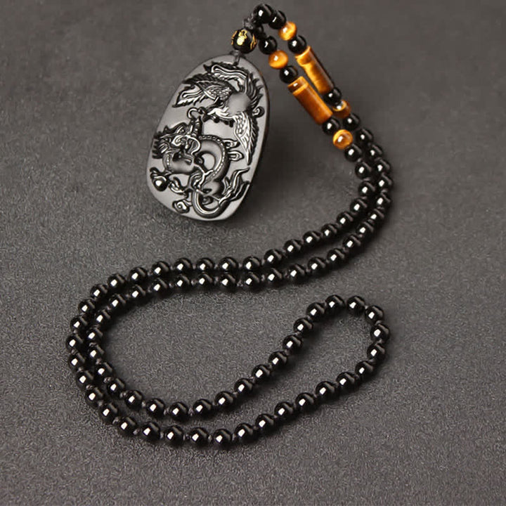 Black Obsidian Tiger Eye Dragon Phoenix Protection Beaded Necklace Pendant - Obsidian Tiger Eye Bead Chain - image 12