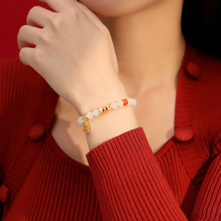 Buddha Stones 925 Sterling Silver Hetian White Jade Red Agate Koi Fish Luck Happiness Bracelet - image 2