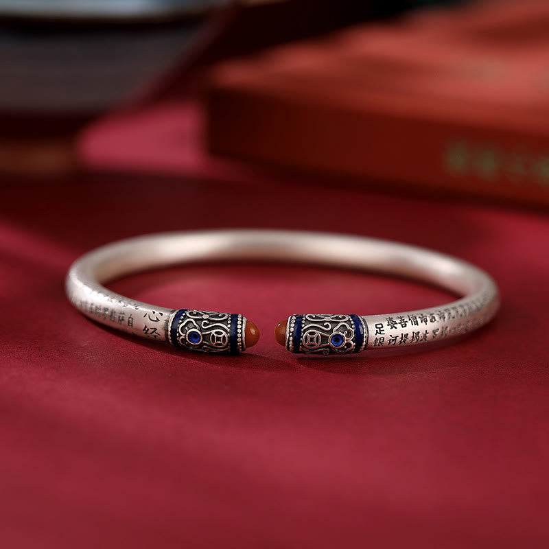 Buddha Stones 999 Sterling Silver Heart Sutra Engraved Red Agate Protection Bracelet Bangle - image 5