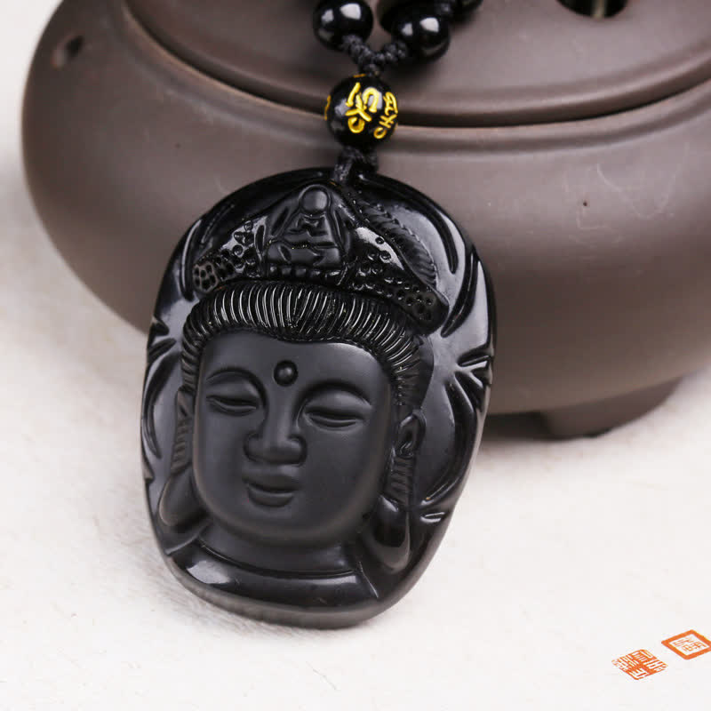 Buddha Stones Natural Black Obsidian Kwan Yin Avalokitesvara Strength String Necklace Pendant - image 9