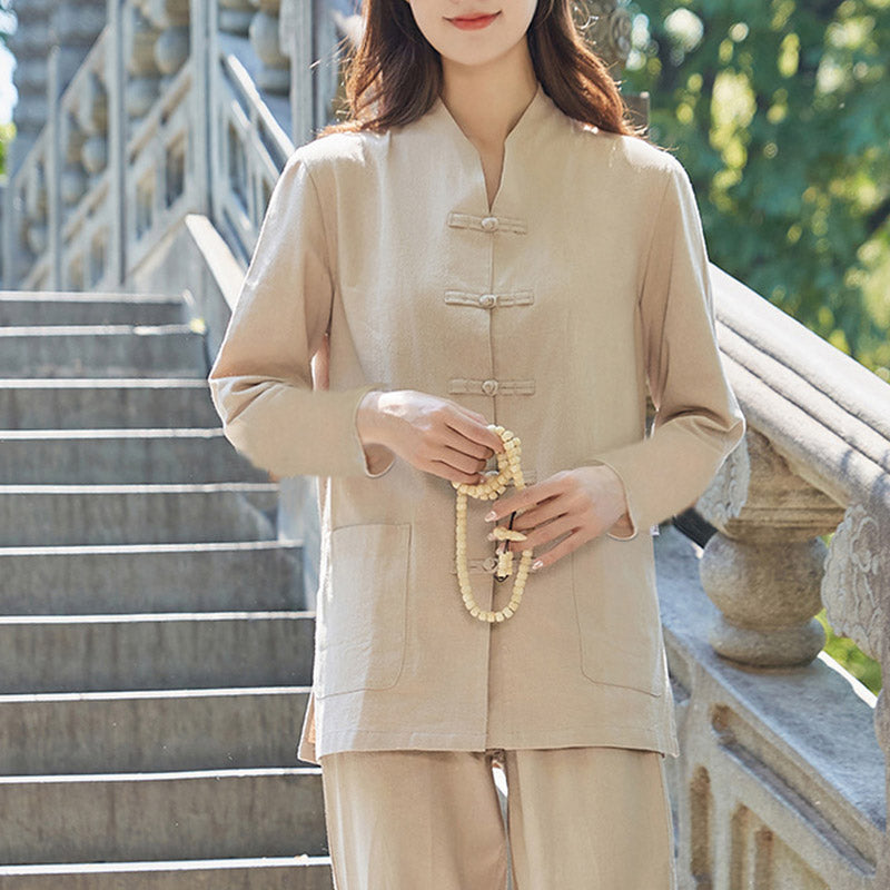 Spiritual Zen Practice Yoga Meditation Prayer Uniform Cotton Linen Clothing Women's Set - Khaki - US18，UK/AU22，EU50 (6XL) - image 12