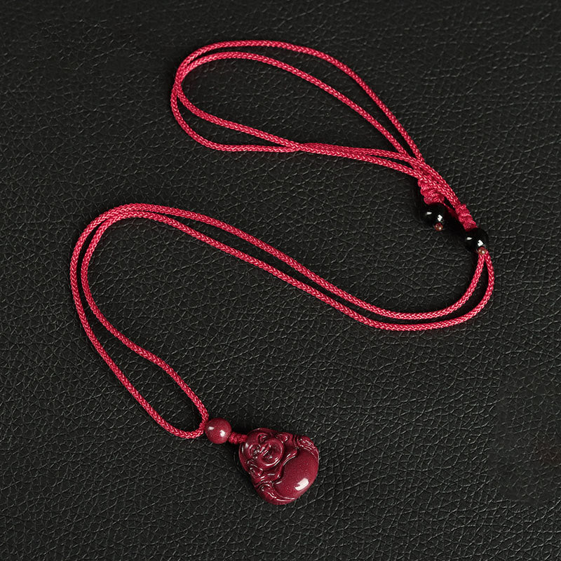 Buddha Stones Laughing Buddha Cinnabar Blessing Necklace Pendant Phone Hanging Decoration Key Chain - Necklace - Red - image 3