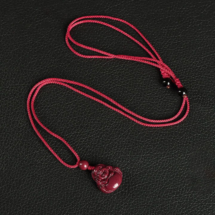 Buddha Stones Laughing Buddha Cinnabar Blessing Necklace Pendant Phone Hanging Decoration Key Chain - Necklace - Red - image 3