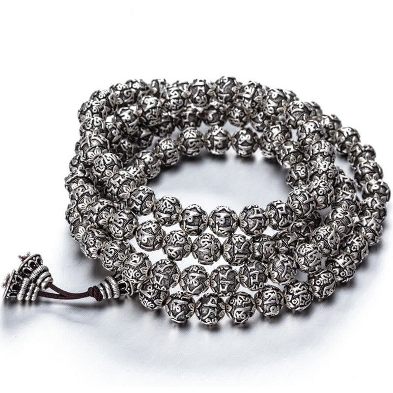 Buddha Stones Tibetan Om Mani Padme Hum Carved Alloy Beads Amulet Bracelet - Antique Silver - 8mm*108 Beads - image 17