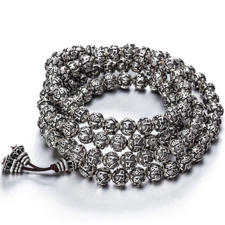 Buddha Stones Tibetan Om Mani Padme Hum Carved Alloy Beads Amulet Bracelet - Antique Silver - 8mm*108 Beads - image 17