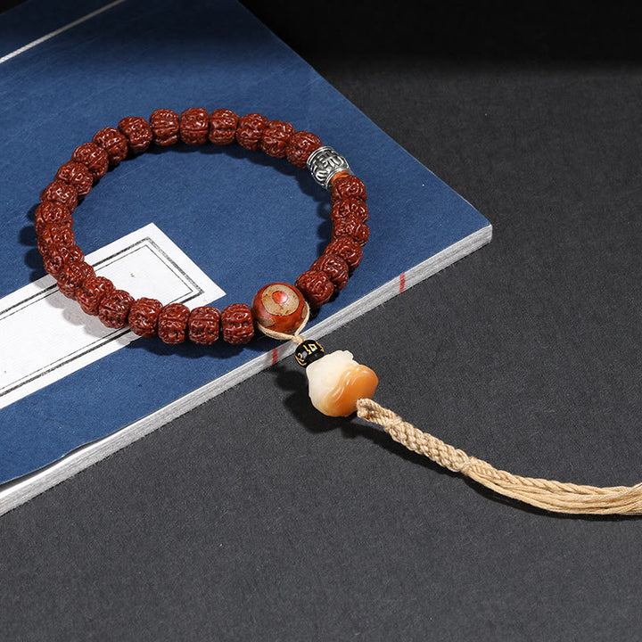 Buddha Stones Tibet Rudraksha Bodhi Seed Dzi Bead Lucky Cat Dancing Lion Wealth Bracelet Wrist Mala