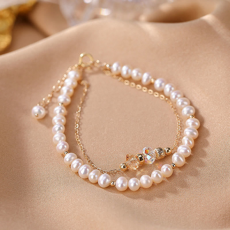 Buddha Stones 925 Sterling Silver Plated 14k Gold Natural Pearl Crystal Healing Double Layer Bracelet - image 2