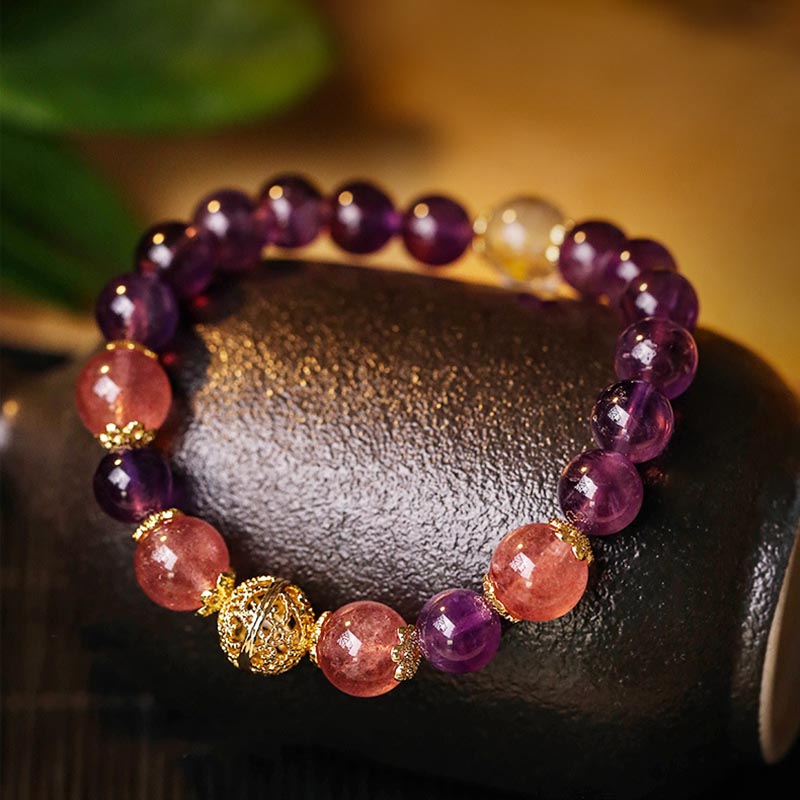 Buddha Stones Natural Citrine Amethyst Rutilated Quartz Prosperity Protection Bracelet