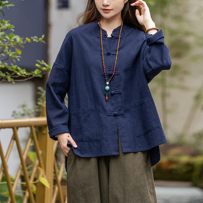 Buddha Stones Frog-Button Design Shirt Tai Chi Meditation Top Clothing Ramie Linen Jacket