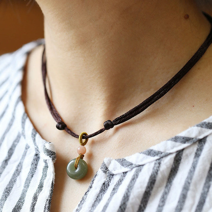 Natural Round Jade Peace Buckle Lotus Abundance String Necklace Pendant - Brown - Peace Buckle - image 10