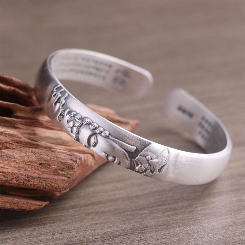 999 Sterling Silver Buddha Head Heart Sutra Serenity Bracelet Bangle - Buddha Symbol (Compassion ♥ Serenity) - image 1