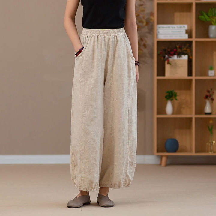 Buddha Stones Ramie Linen Flexible Waistband Yoga Harem Pants With Pockets