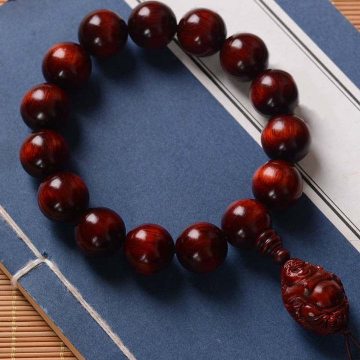 Buddha Stones Small Leaf Red Sandalwood Laughing Buddha God of Wealth Protection Bracelet