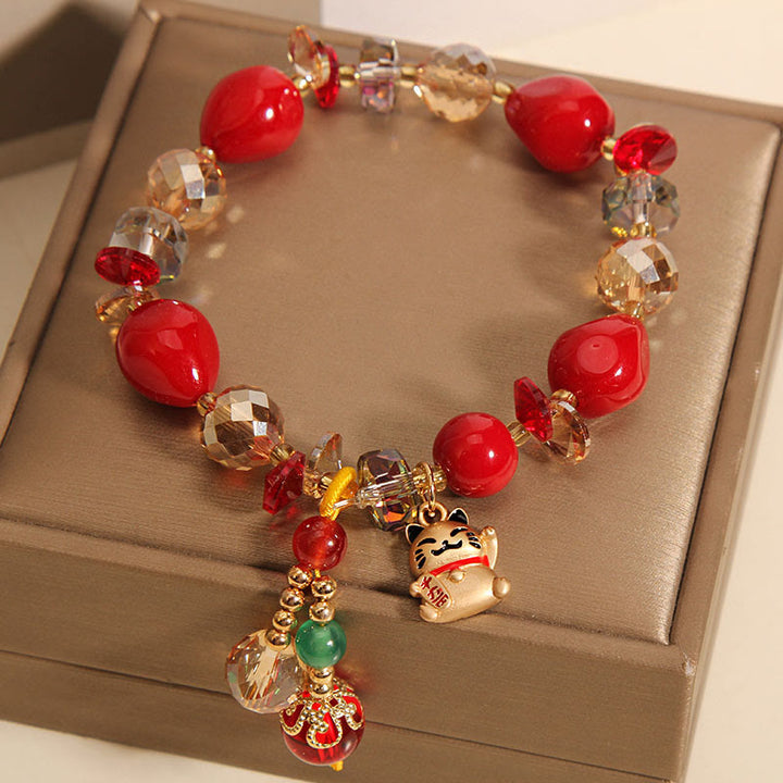 Buddha Stones Red Stone Lucky Cat Rabbit Fu Character Fortune Bracelet