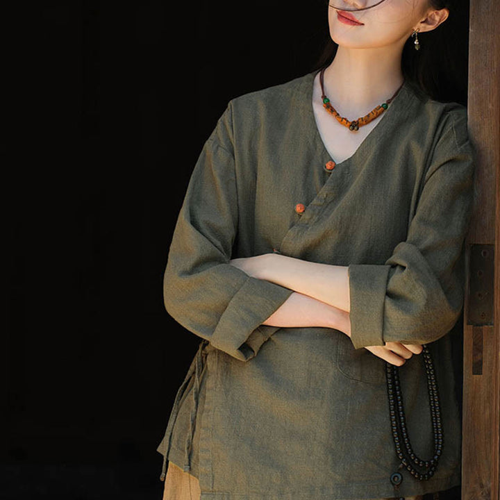 Buddha Stones Solid Color Ramie Linen Loose Blouse Long Sleeve Shirt Chinese Hanfu Top