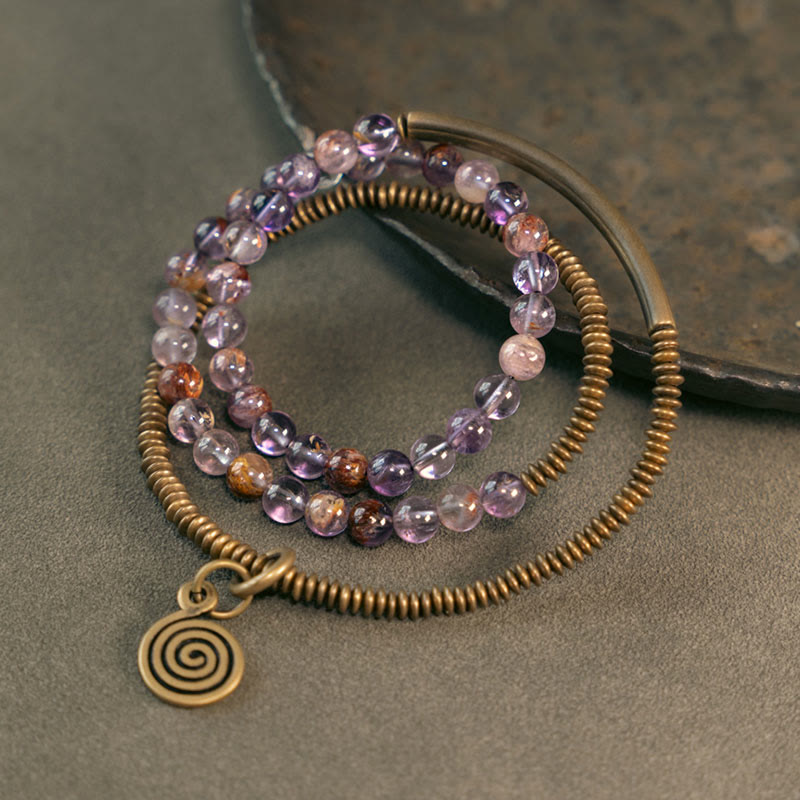 Buddha Stones Purple Phantom Red Hematoid Quartz Green Rutilated Quartz Copper Love Forgive Bracelet - Purple Phantom - 17-17.5cm - image 0