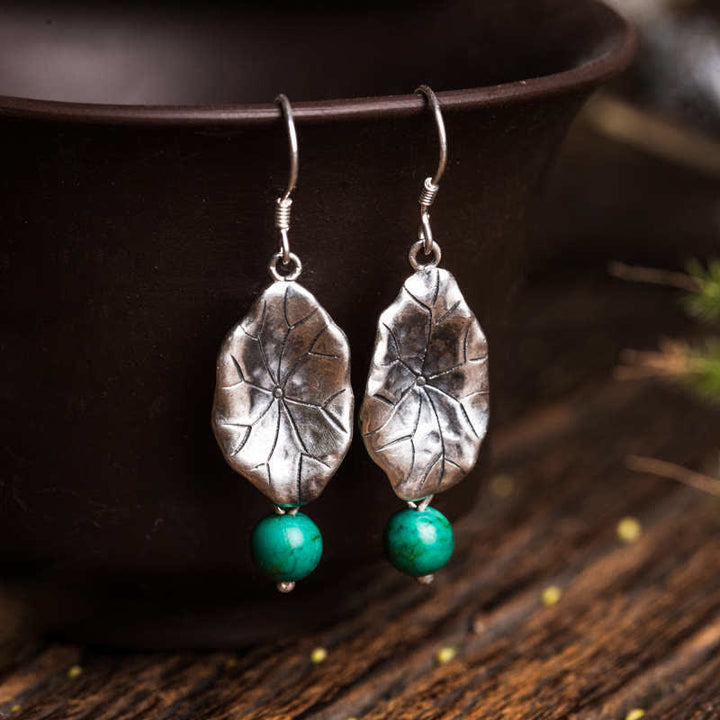 925 Sterling Silver Turquoise Lotus Leaf Protection Drop Dangle Earrings - Turquoise&925 Sterling Silver - image 0