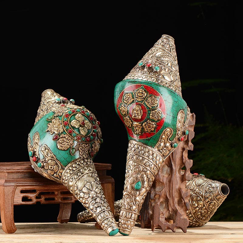 Tibetan Handmade Engraved Shankha Double Dorje Buddha Conch Shell Wealth Positive Decoration - image 1