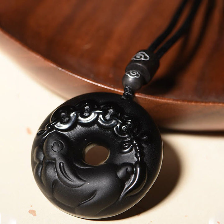 Buddha Stones Chinese Zodiac Natural Black Obsidian Peace Buckle Strength Necklace Pendant - image 4