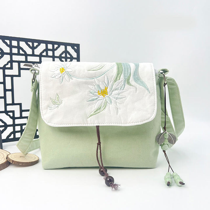 Buddha Stones Embroidered Camellia Epiphyllum Gardenia Sakura Flowers Crossbody Bag Shoulder Bag Cellphone Bag