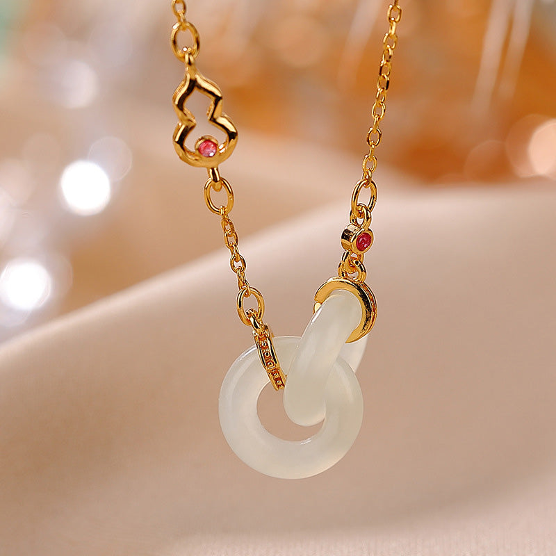 925 Sterling Silver Round Jade Luck Prosperity Necklace Chain Pendant - White Jade - Gold - image 0