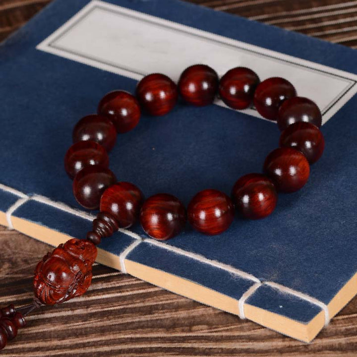 Buddha Stones Small Leaf Red Sandalwood Laughing Buddha God of Wealth Protection Bracelet