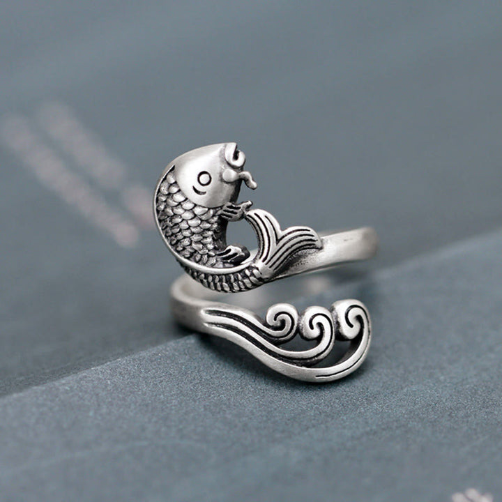 Buddha Stones 925 Sterling Silver Koi Fish Water Ripple Luck Wealth Ring - image 2