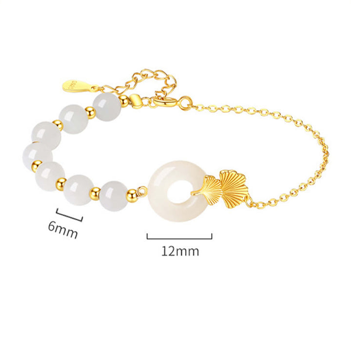 Buddha Stones 925 Sterling Silver Hetian White Jade Peace Buckle Ginkgo Leaf Luck Bracelet - image 10