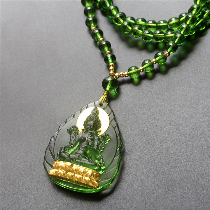 Buddha Stones Tibetan Green Tara Buddha Gold Plated Liuli Crystal Protection Necklace Pendant - Leaf Green Tara - Golden Version - image 4