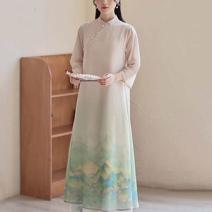 Buddha Stones A Panorama of Rivers and Mountains Print Three Quarter Chinese Cheongsam Midi Dress