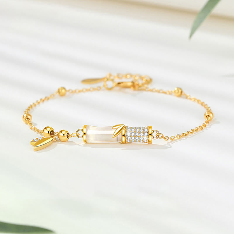 Buddha Stones 925 Sterling Silver 18K Gold Plated White Jade Bamboo Zircon Leaf Luck Bracelet - White Jade(Protection♥Blessing)(Bracelet Size 16+3cm) - image 0