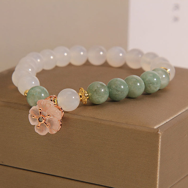 Buddha Stones White Agate Jade Flower Charm Luck Protection Bracelet