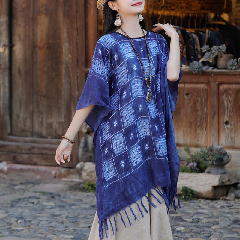 Buddha Stones Blue Color Block Plaid Shawl Tassels Soft Pullover 90*95cm