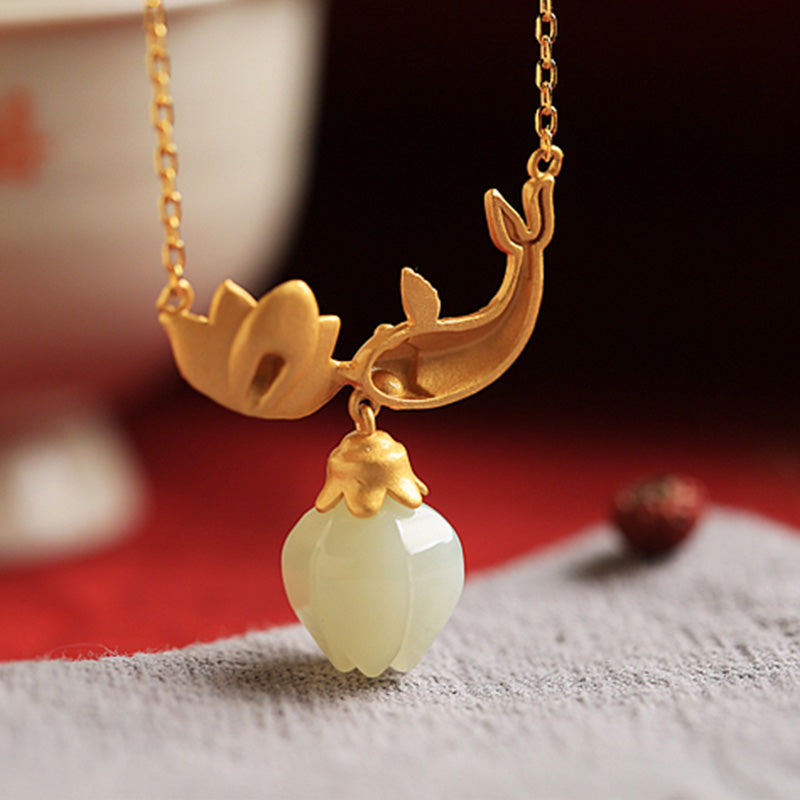 Buddha Stones 925 Sterling Silver White Jade Koi Fish Lotus Protection Necklace Pendant - image 6