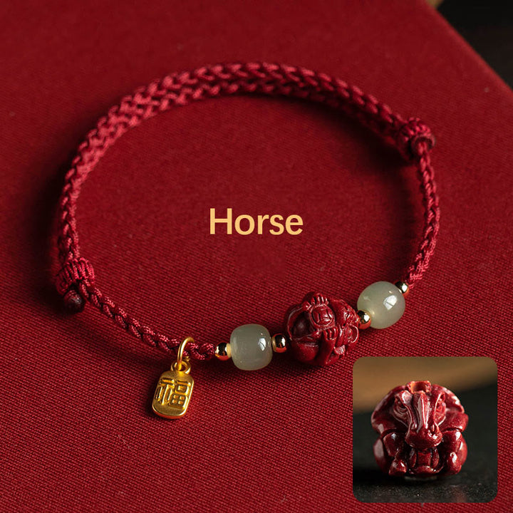 Buddha Stones Natural Cinnabar Chinese Zodiac Hetian Jade Fu Character Luck Rope Bracelet