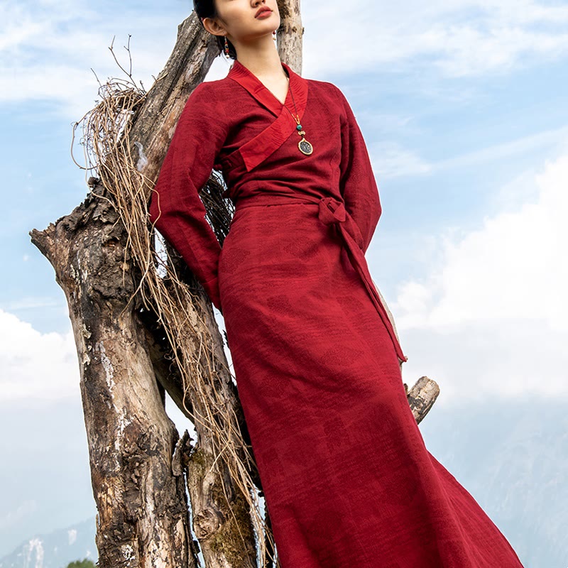 Tibetan Dress Clothing Lhasa Long Wrap Dress Maxi Dress Women Clothing - Red (auspicious cloud pattern) - US8-10，UK/AU12-14，EU40-42 (XL) - image 0