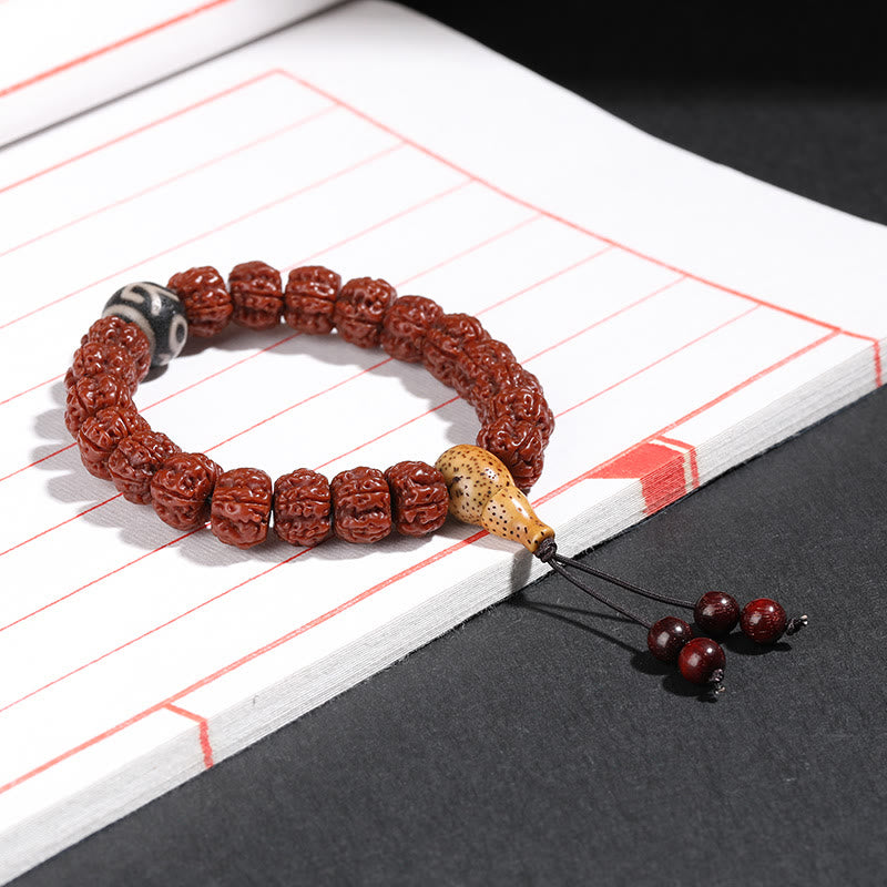 Buddha Stones Tibet Rudraksha Bodhi Seed Dzi Bead Lucky Cat Dancing Lion Wealth Bracelet Wrist Mala