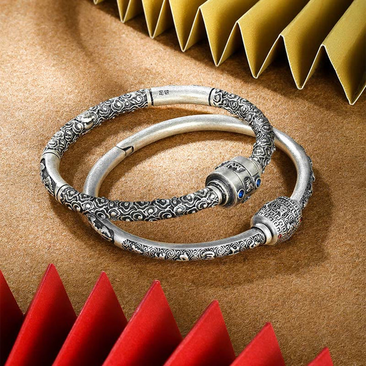 Buddha Stones 990 Sterling Silver Tibetan Auspicious Clouds Om Mani Padme Hum Engraved Creativity Bracelet Bangle - image 13